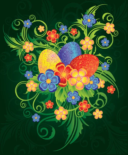 Bahar çiçekleri ve yumurta, vektör çizim Paskalya afiş — Stok Vektör