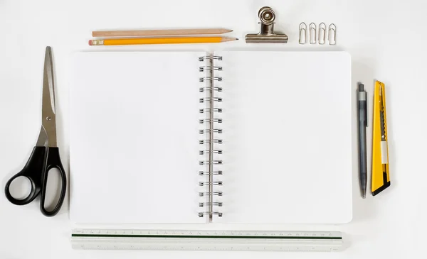 Open Notebook Various Stationeries Office Supplies White Blank Pages — Stock Photo, Image