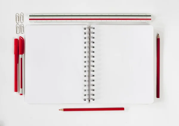 Open Notebook Various Stationeries Office Supplies White Blank Pages — Stock Photo, Image