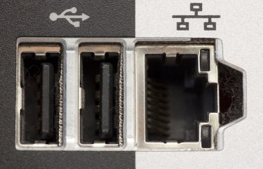 Back of computer with USB and network input output port clipart