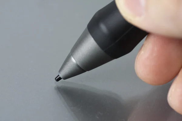 Very Close Shot Finger Holding Digitizer Stylus Pen Draw — Stock Photo, Image