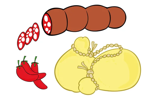 萨拉米香肠、 辣椒和熏制卡末杂乳酪奶酪. — 图库矢量图片