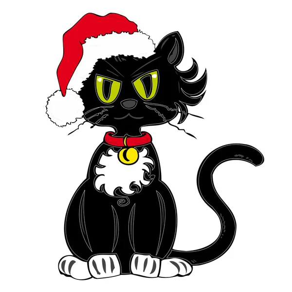 Black Cat with Santa Claus Hat. — Stock Vector