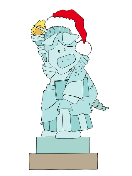 Santa claus şapka domuzla Özgürlük heykeli. — Stok Vektör
