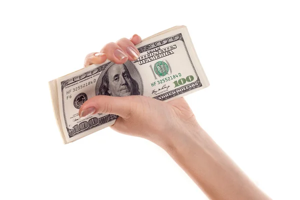 Mucchio di banconote in dollari in mano femminile — Foto Stock