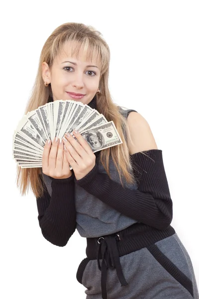 Young beautiful woman showing cash — Stock Photo, Image