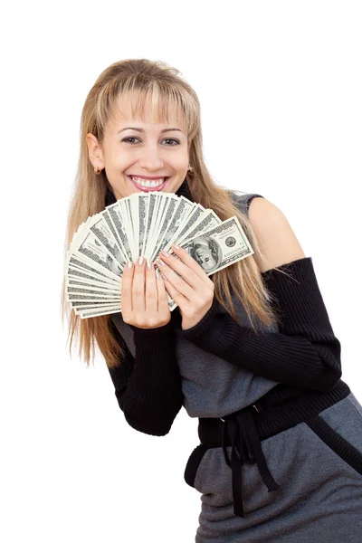 Jeune belle femme montrant l'argent — Photo