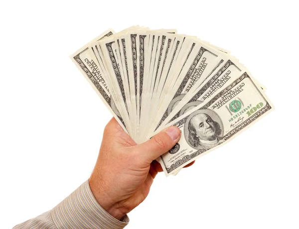 Man's hand holding a handful of dollars — Stock Photo, Image