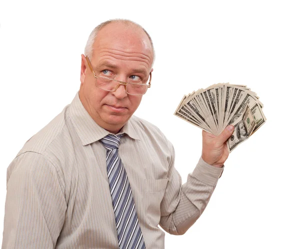 Liikemies näyttää valuutta - dollari — kuvapankkivalokuva