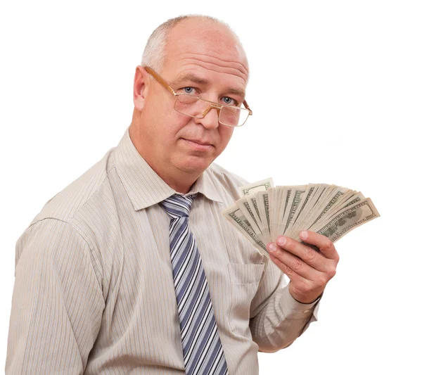 Liikemies näyttää valuutta - dollari — kuvapankkivalokuva