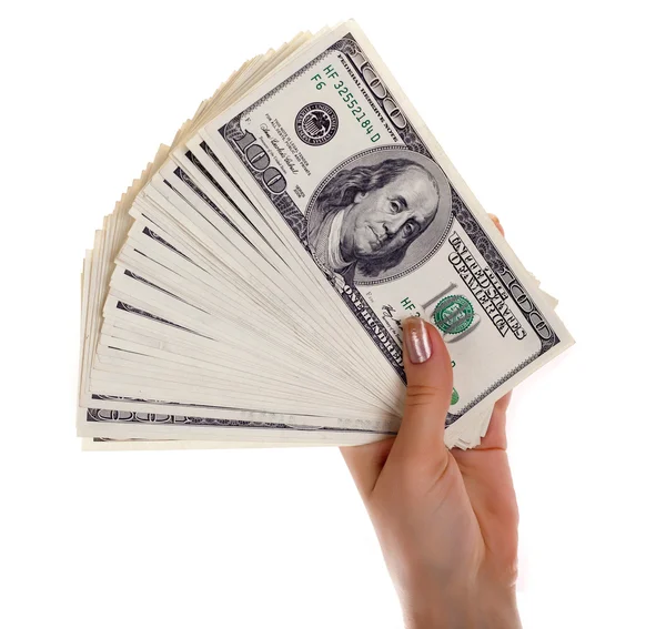 Kadın elindeki Doları s banknotlar yığını — Stok fotoğraf