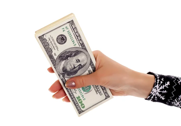 Куча банкнот доллара в женской руке Стоковая Картинка