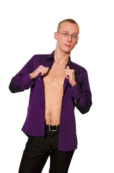 Young Man Getting Violet Shirt — Stock Photo, Image