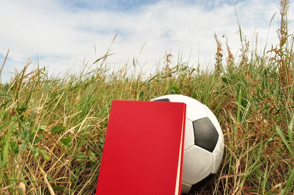 足球球和教科书 免版税图库照片