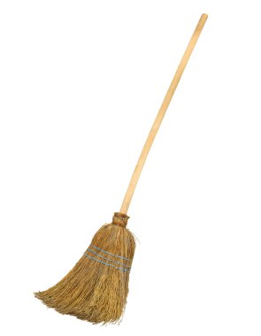 Old straw broomstick ready fly or sweep isolated on white background clipart