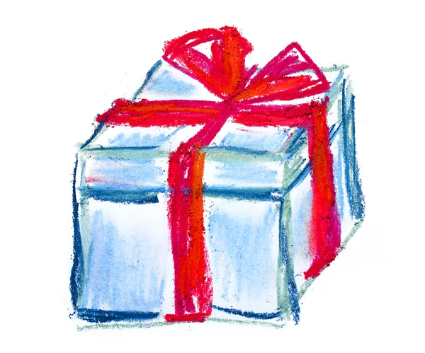 Caixa Presente Azul Com Fita Vermelha Ilustração Pastel — Fotografia de Stock