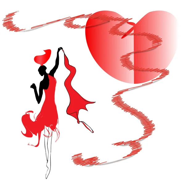 Frau im roten Kleid tanzt leidenschaftlichen Tanz — Stockvektor