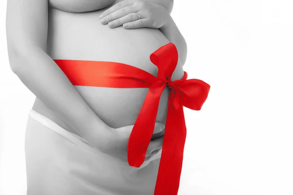 Pregnant Woman Red Tape Stomach — Stock Photo, Image