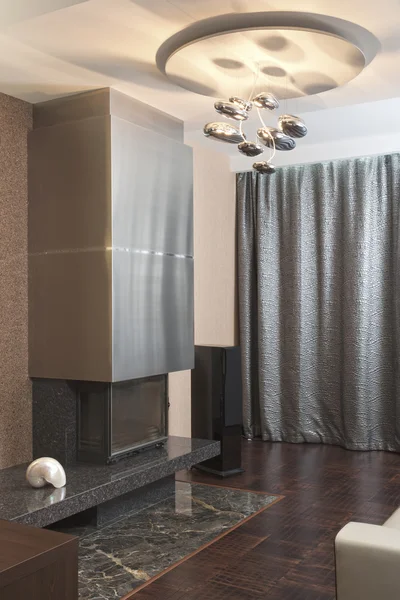 Modern Fireplace Room Futuristic Chandelier — Stock Photo, Image