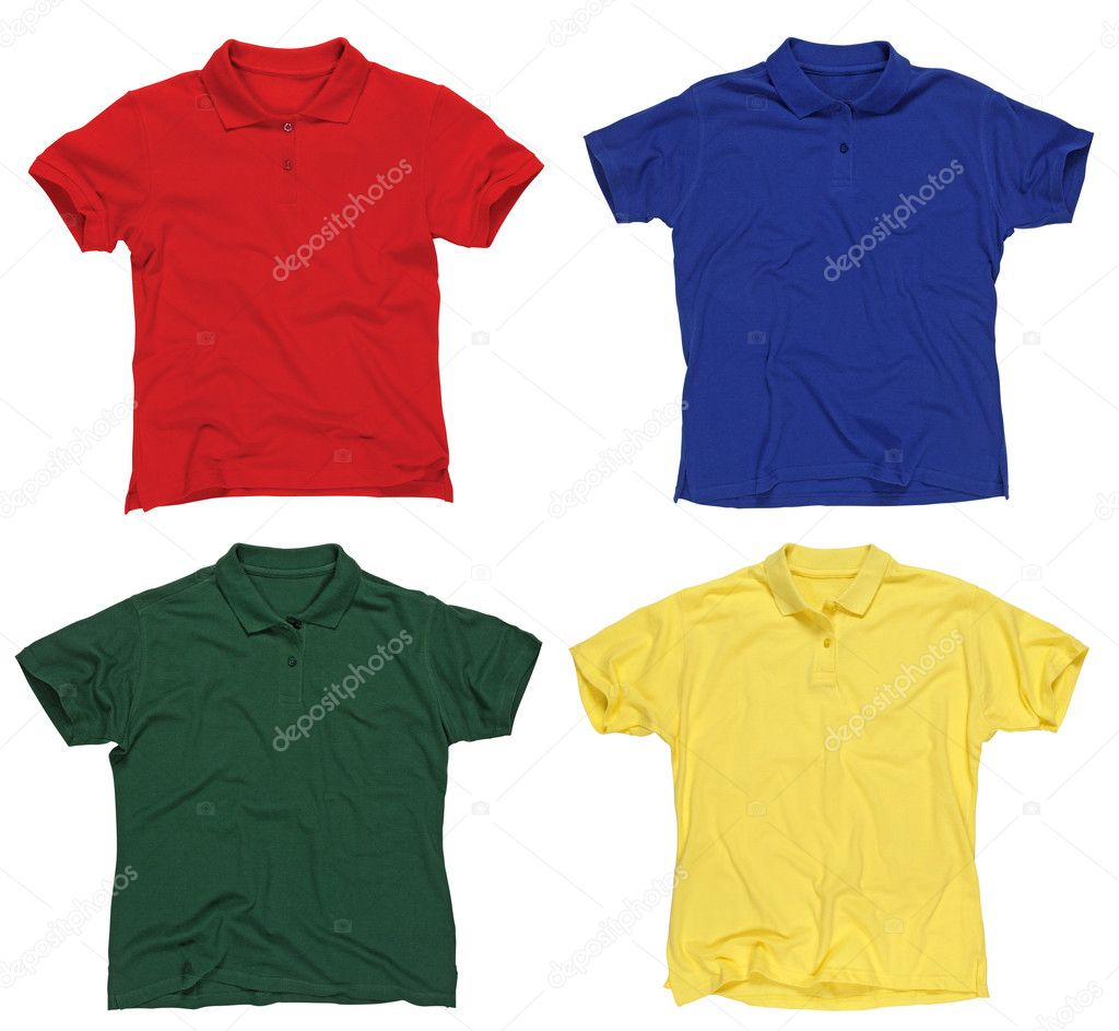 Photograph of four blank polo shirts, red, blue, green and yellow. Clipping paths included. Ready for your design or logo.