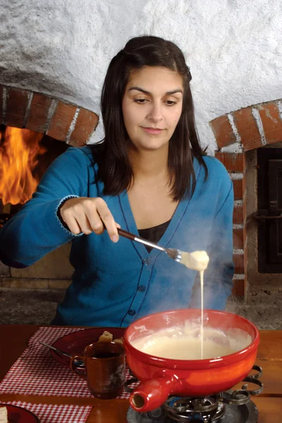 Photo Beautiful Female Dipping Bread Melted Cheese Fondue Pot — Stock Photo, Image