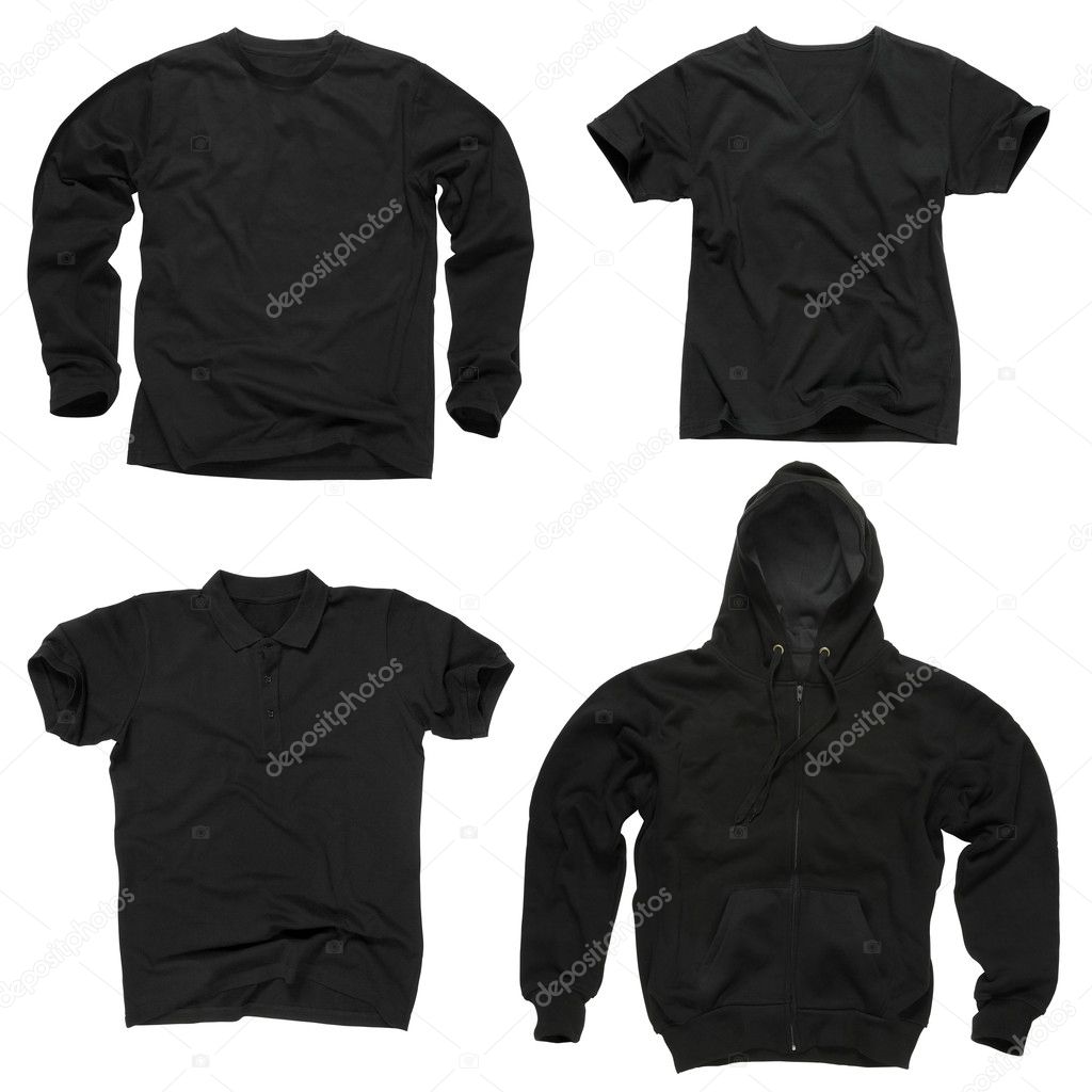 Photograph of four wrinkled blank black shirts, long sleeve shirt, golf shirt, V-neck and hoodie. Clipping path included. Ready for your design or logo.