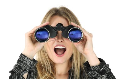 Photo of a beautiful blond woman searching with binoculars and looking surprised. clipart
