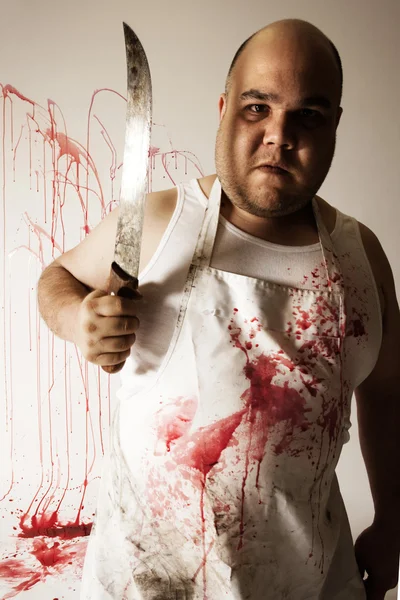 Crazy Insane Butcher Covered Blood Harsh Lighting More Disturbing Feel — Stock Photo, Image