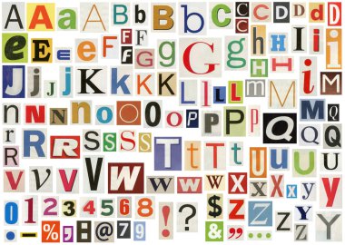 Newspaper alphabet with letters, numbers and symbols. Isolated on white clipart