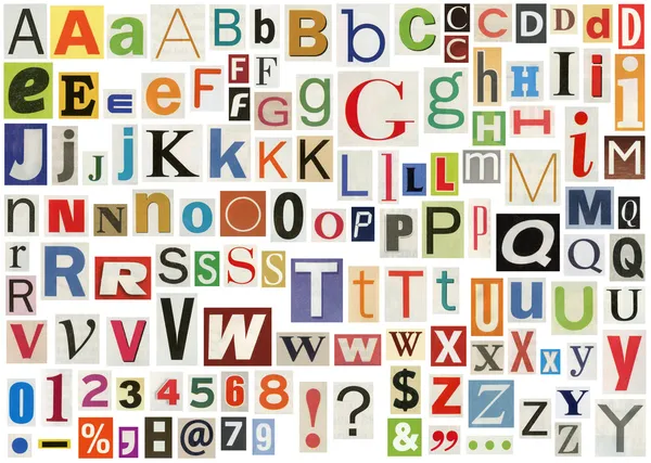 Εφημερίδα Αλφάβητο Γράμματα Αριθμούς Και Σύμβολα Απομονωθεί Λευκό — Φωτογραφία Αρχείου