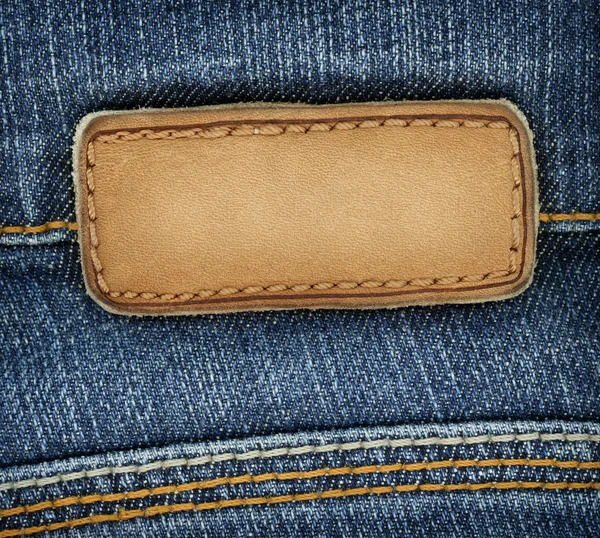 Lege Lederen Jeans Label Naaide Een Blauwe Spijkerbroek Kan Worden — Stockfoto