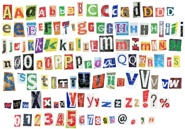 Grunge Krant Alfabet Met Letters Cijfers Symbolen Geïsoleerd Wit — Stockfoto