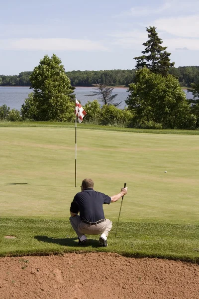 Golfspelare linjer upp sin putt — Stockfoto