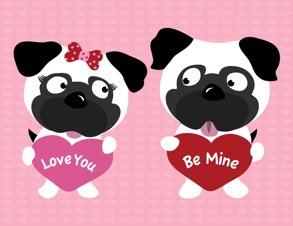 Valentine pugs holding hearts — Stock Vector