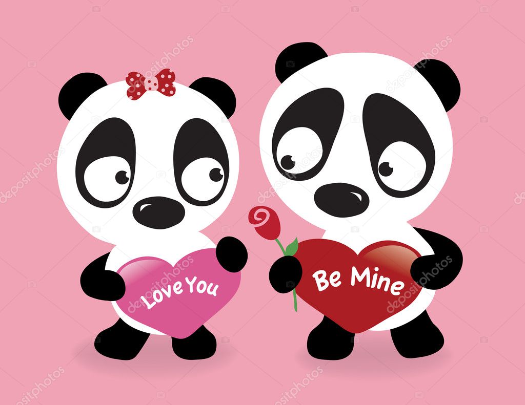 Valentine Pandas holding hearts