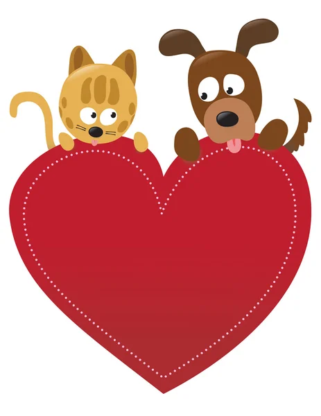 バレンタイン猫と犬がくわえている心のイラスト — ストックベクタ