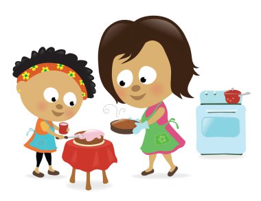 Illustration of a mother and daughter baking a cake clipart