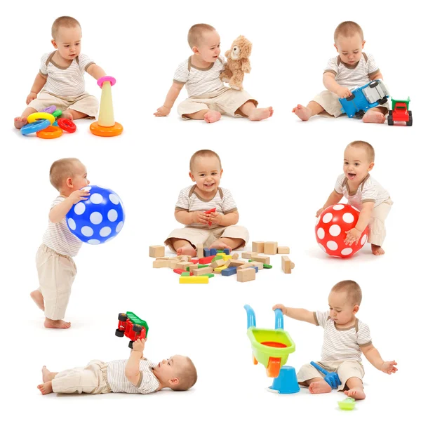 Collage eines kleinen Jungen beim Spielen — Stockfoto