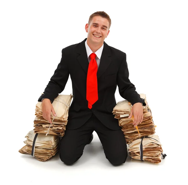 Happy man with paperwork — Stock Photo, Image