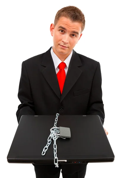 Man holding a locked computer — Stock Photo, Image