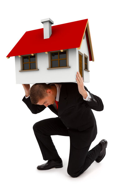 Business man holding house on his back