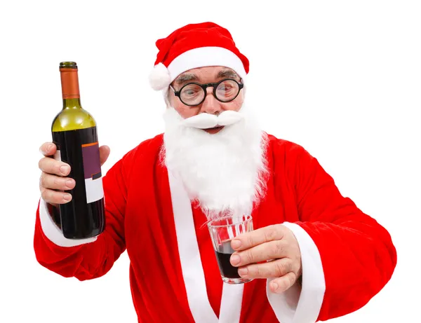 Santa Claus borracho con botella de vino — Foto de Stock