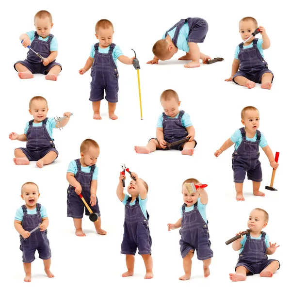 Collage van kleine jongen spelen met hulpmiddelen — Stockfoto