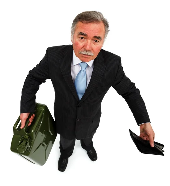 Man showing gas can and empty wallet — Stock Photo, Image