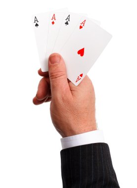 Man's hand holding a trump, the four aces clipart