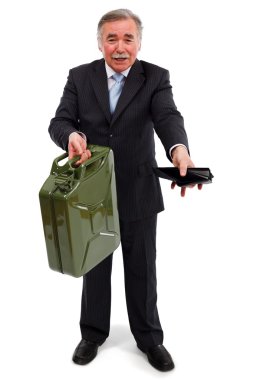 Senior business man showing gas can and empty wallet. Metaphoric view of high gasoline prices clipart