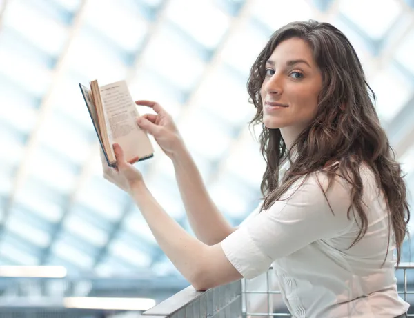 Beautiful Young Woman Reading Book Modern Library Background — Stock Photo, Image