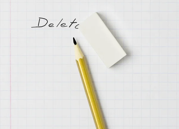 A pencil, an eraser and the word 'delete' — Stock Photo, Image