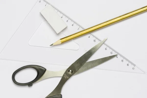 Pencil, scissors, eraser and ruler — Stock Photo, Image