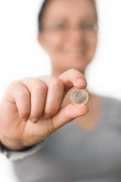 Woman Holding Euro Coin Isolated White — Stock Photo, Image